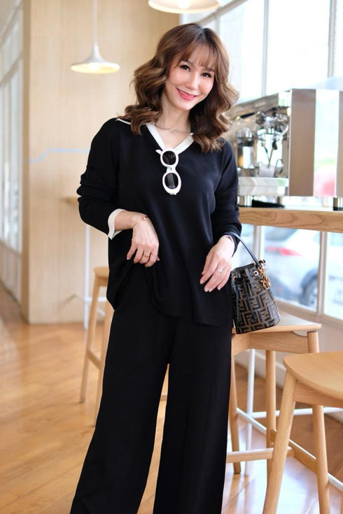 Casual Color Contrast Sweater V-neck Loose Top With Pants